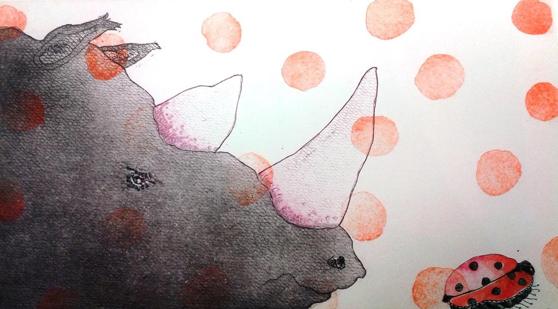gravure représentant un rhinocéros et une coccinelle, réalisée par Charlotte REINE